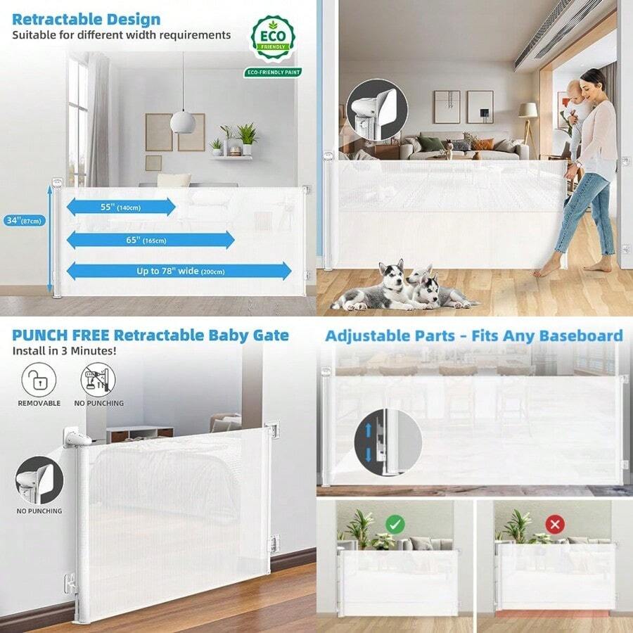 Puerta retráctil para bebé de 78 pulgadas, extra ancha para gran apertura, infantil, interior/exterior, malla retráctil de 34 pulgadas de alto para puertas, escaleras, pasillos, color blanco - Blanco - Ver 1