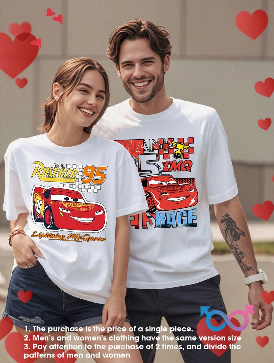 Disney Lovers Pure Cotton T-Shirt-Car Lightning McQueen Print Series, Unisex Summer Casual Wear, Very Suitable For Outdoor Activities, Travel And Vacation, Is An Ideal Choice For Dating And Expressing Love. - 男士T卹 - 查看 1