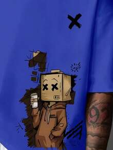 Compatible With The Manfinity Dauomo Men's Cartoon Print Crew Neck Short Sleeve T-Shirt, For Summer. - 藍色 - 查看 4