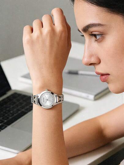 Guess Women's Minimalist Dress Watch Silver Bangle Style Stainless Steel White Dial Crystal Index Slim Profile Wristwatch Elegant Timepiece For Office Work Business Meeting Daily Bridal Wear Ideal Gift For Wife Girlfriend Mom Birthday Anniversary Mother's Day