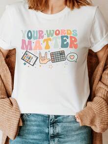 Sus Palabras Importan Terapia del Habla Patólogo del Lenguaje Camiseta de Manga Larga Camiseta de Moda con Estampado de Letras, Manga Corta Cuello de Tripulación casual Superior para Verano y Primavera, Ropa de Mujer - Negro - Ver 1