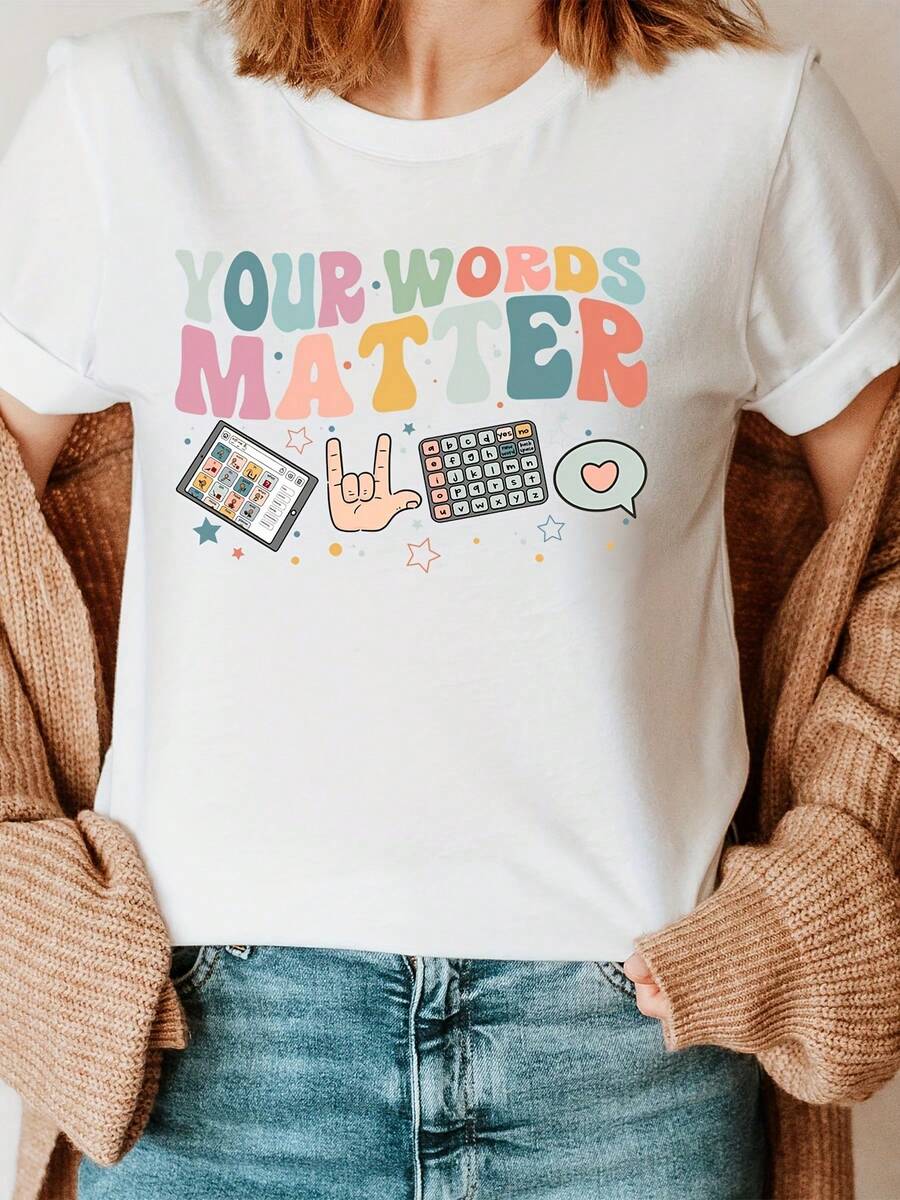 Sus Palabras Importan Terapia del Habla Patólogo del Lenguaje Camiseta de Manga Larga Camiseta de Moda con Estampado de Letras, Manga Corta Cuello de Tripulación casual Superior para Verano y Primavera, Ropa de Mujer - Negro - Ver 1