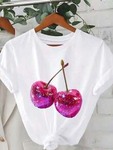 Camiseta de mujerCamiseta de mujer, camiseta gráfica de manga corta de estilo casual de calle, top de verano lindoCómoda y ligera - Blanco - Ver 4