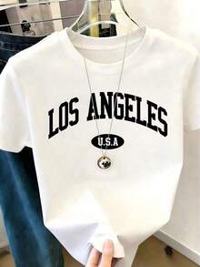 1 pieza de camiseta holgada de talla grande para verano, transpirable, con estampado de letras para mujer, camiseta de manga corta, tops casuales para damas con patrones únicos, 180g de algodón 100%. - Blanco - Ver 4
