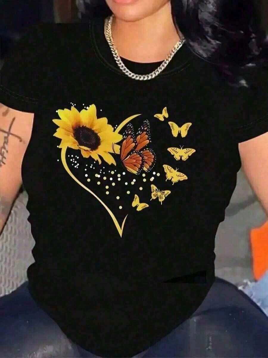 Camiseta de mujer1 Camisa Casual de Mujer con Estampado de Girasol y Mariposa, Negra - Cuello Redondo, Manga Corta para Primavera y Verano, Lavable a Máquina, Atuendo Cómodo para Vacaciones. 1 Camisa Sexy, Casual, Dulce, Elegante para Fiesta, Playa, Noche, Vacaciones, Boda, Verano, con Estampado de Corazones, 180g, 100% Algodón, Todos los Estampados Están Impresos. Unisexo. Cómoda y ligera - Negro - Ver 1