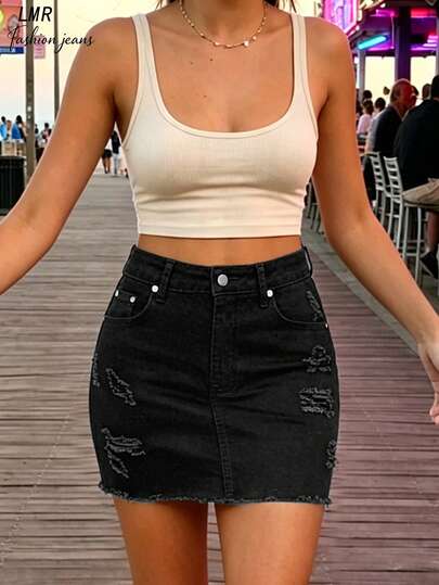 Minifalda vaquera de verano de unicolor, casual, con dobladillo deshilachado y ajustada