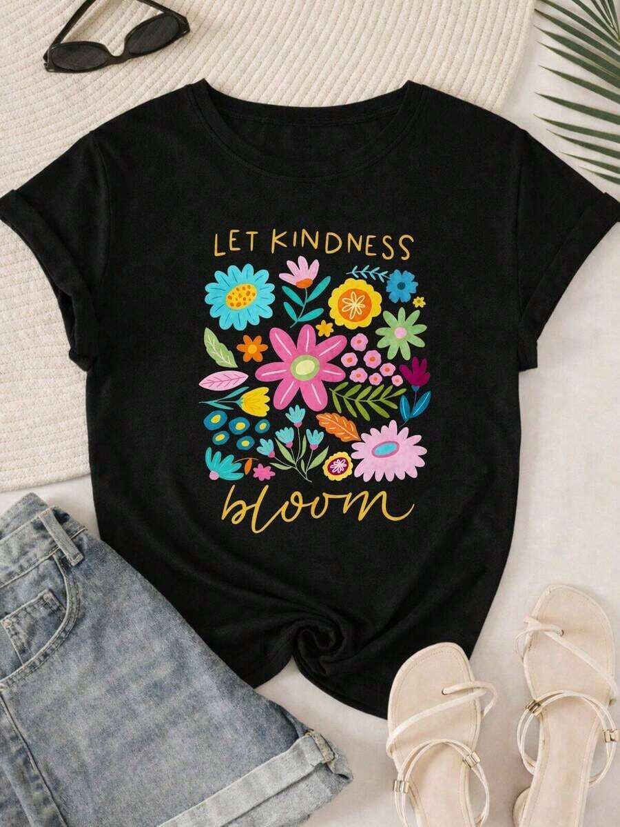 Camiseta de talla grande con estampado floral, diseño floral con margaritas y hojas, patrón vintage de flores silvestres, perfecta para usar en exteriores en verano, cuello redondo. - Negro 3 - Ver 1