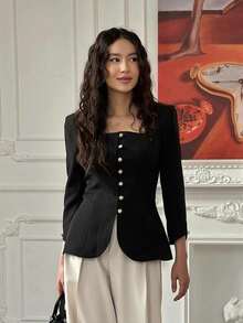 Blazer negro estilo tweed 2026, cuello cuadrado, corte ajustado de alto diseño - Negro - Ver 9