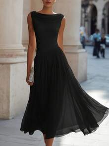New Collection Chiffon Dress With Drop Neck, Holiday And Party Style, Exclusive Design, Elegant, Sophisticated European Fashion For Women - Hitam - View 4