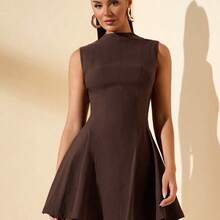 1pc Women's Solid Brown Sleeveless Simple Elegant Flare Dress, Princess Style Round Neck Casual Slip Dress, Suitable For Office, Business, Commuting, Autumn/Winter,Country - Burdeos - Ver 5