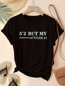 Camiseta gráfica para mujer "5'2 BUT MY ATTITUDE 6'1" - Con texto blanco, camiseta casual de manga corta y cuello redondo, corte relajado, lavable a máquina, comodidad para todas las estaciones, camisetas para damas, ropa cómoda, estampado divertido, estampado duradero, tela suave. - Negro - Ver 7