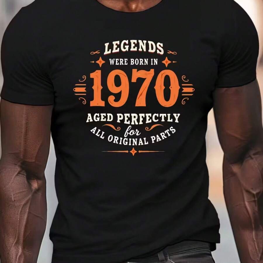 Camiseta gráfica "Men's Legends Were Born in 50.04Meter" - Camiseta informal de manga corta con cuello redondo, ligera, ideal para el verano, con un diseño vintage envejecido a la perfección. - Negro - Ver 1