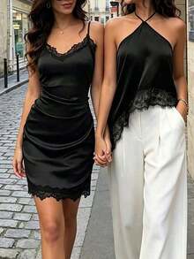 Camiseta de tirantes finos y sin mangas casual y sexy para mujer, camisola de satén con bajo asimétrico de malla, adecuada para citas nocturnas, vacaciones, despedidas de soltero y fiestas de cumpleaños en verano - Negro - Ver 3