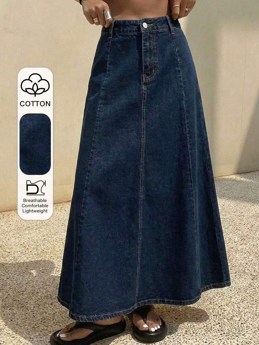 Falda vaquera de línea A lisa para mujer - Azul lavado oscuro 2 - Ver 1