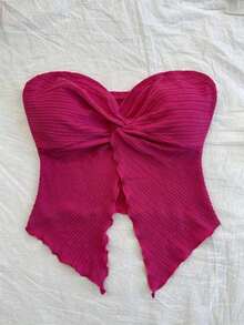 Nuevo estilo de top tubo de punto estampado rosa con dobladillo retorcido asimétrico y espalda descubierta para playa, resort, festival de música y verano bohemio para mujeres - Rosa Fucsia - Ver 4