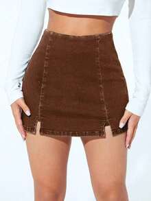 Falda pantalón informal de mezclilla con corte alto y dobladillo con doble abertura para mujer - Café integral - Ver 5
