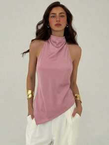 Top elegante de verano de diseño minimalista, sin mangas y con espalda descubierta, de unicolor - Rosa vieja - Ver 3