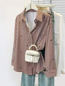 Camisa de manga larga con estampado a rayas y lazo, con botones delanteros, cuello de camisa, top casual, adecuado para primavera, otoño e invierno en color rosa - Café integral - Ver 3