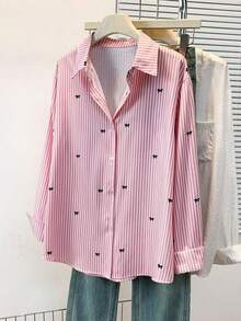 Camisa de manga larga con estampado a rayas y lazo, con botones delanteros, cuello de camisa, top casual, adecuado para primavera, otoño e invierno en color rosa - Rosa - Ver 8