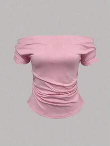 Camiseta de mujer de unicolor y diseño minimalista con hombros descubiertos, para uso casual diario - Rosa Pálido - Ver 4