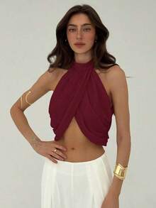 Blusa elegante y sexy para mujer con cuello cruzado, fruncido en la espalda y botones, de estilo casual y de vacaciones, de gasa - Burdeos - Ver 1