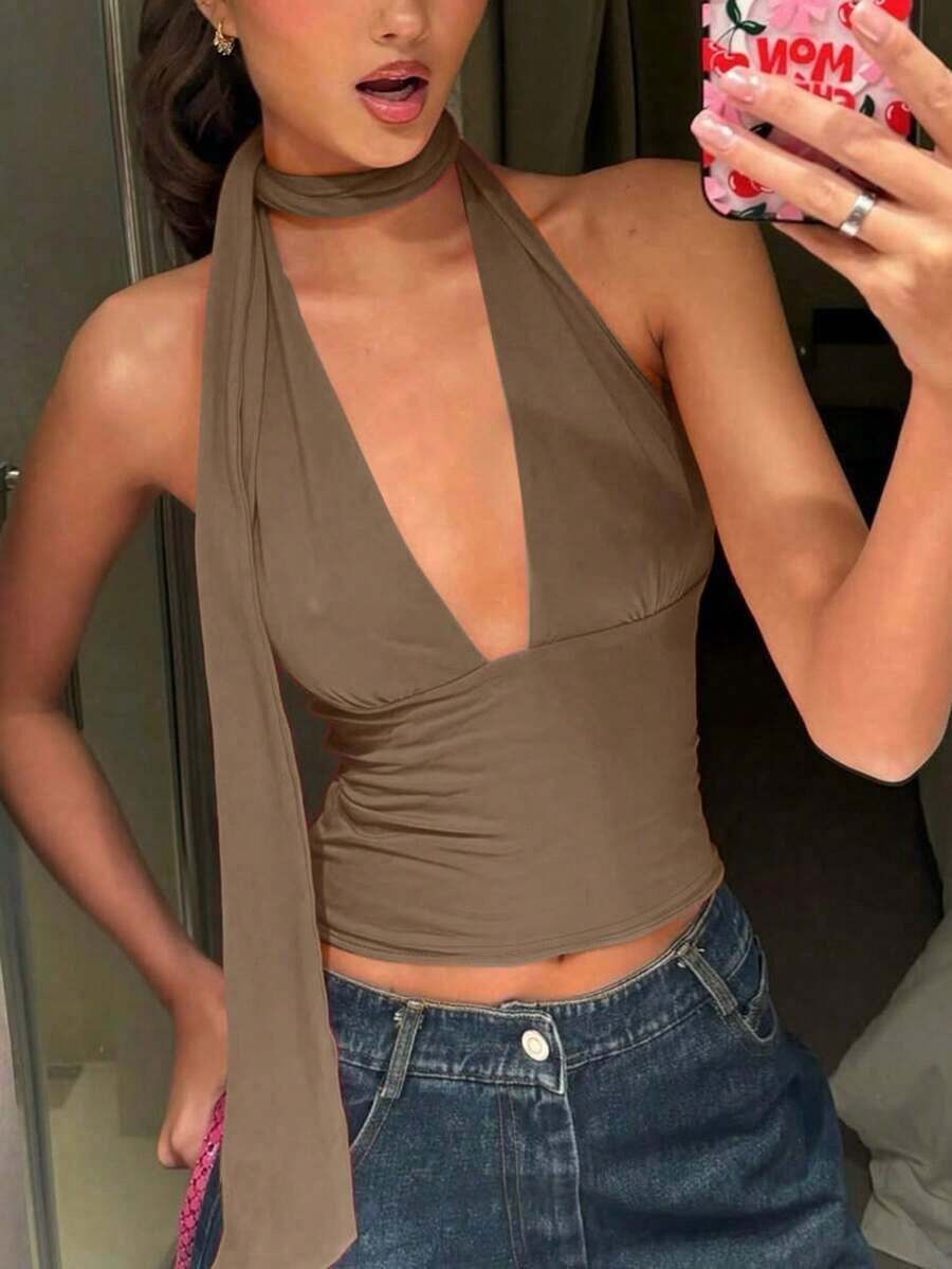 Top corto de tirantes con espalda descubierta y anudado, elegante y sexy para fiestas y uso casual - Caqui - Ver 1