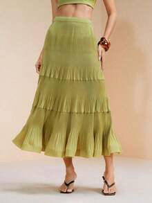 Falda plisada fluida de unicolor minimalista de verano para mujer - Beis - Ver 5