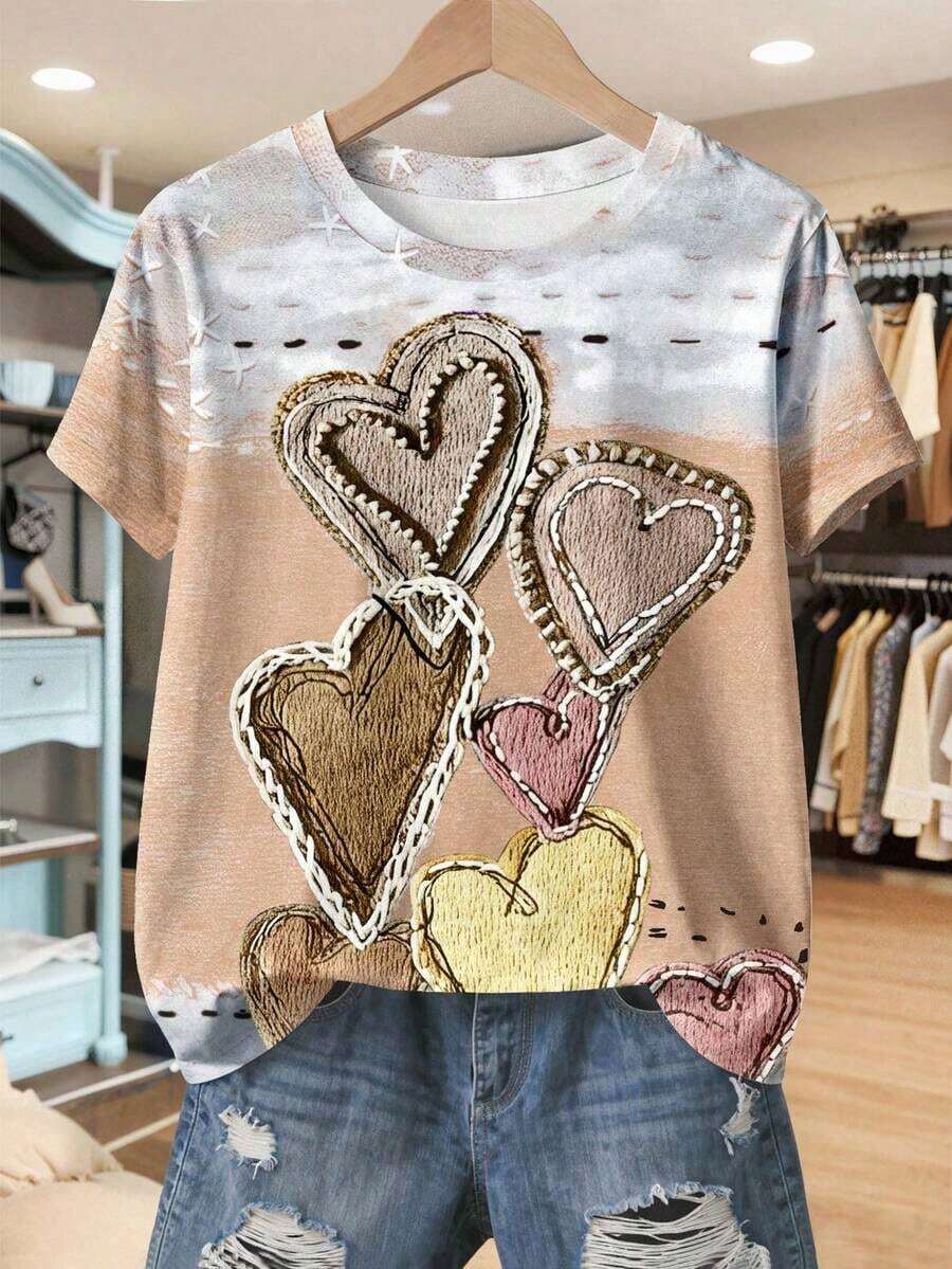 Camiseta de mujer con cuello redondo y manga corta con estampado floral sintético, cómoda para uso casual diario - Multicolor 5 - Ver 1