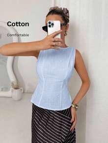 Camisa blanca sin mangas de algodón y lino, ajustada, con botones de nudo de bambú, estilo vintage para oficina - Celeste - Ver 8