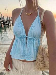 WYWH Top de tirantes blanco con cuello en V, textura de tela y espalda anudada, ideal para mujer en verano para fiestas, vacaciones, citas, San Valentín, tarde de té - Celeste - Ver 1