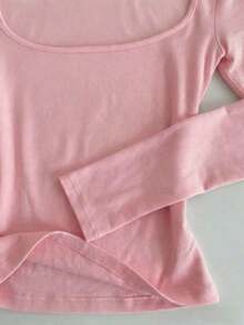Camiseta de manga larga de cuello cuadrado gris minimalista de ajuste ceñido, adecuada para primavera, verano, otoño e invierno.Camiseta de moda, regalo de estilo minimalista para hermanos, hermanas, mamá, Día de la Madre, top de moda casual. - Rosa - Ver 4