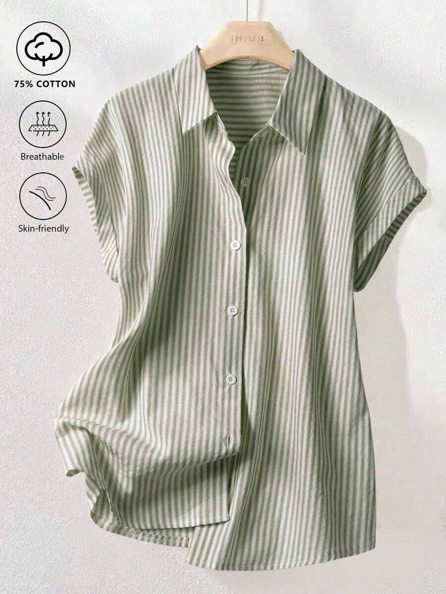 Camisa de manga corta a rayas vintage, de moda para ir al trabajo en verano - Verde militar - Ver 1