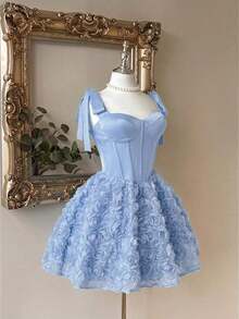 Elegante, romántico y de moda vestido de satén color café con hombros descubiertos y cola de sirena, con decoración floral 3D y volantes en el bajo, adecuado para fiestas de solteros, bodas, graduaciones, vacaciones, tardes de té y ocasiones formales - Celeste - Ver 6
