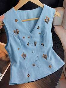 Blusa sin mangas con cuello en V, botones en la cintura y bordado de lino para mujer, ideal para verano, citas, Año Nuevo, San Valentín, Pascua, Día de la Madre, festivales de música, estilo medio oriental, bodas, elegante, vintage, casual, viajes, romántica, vacaciones, color blanco - Celeste - Ver 1