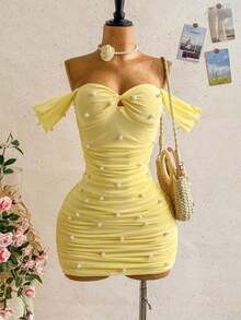 Vestido mini ajustado de punto con escote de hombros descubiertos, para vacaciones - Amarillo - Ver 8