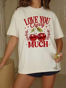 Mujeres ocasionales manga corta ronda cuello caído hombro camiseta Regular con gráfico de cere. CVDJ - Blanco - Ver 8