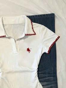 Camiseta casual de mujer con ribete de contraste y cintura fruncida, para verano - Blanco - Ver 5