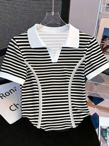 Camiseta de mujer casual de manga corta con cuello polo, estampado de caballero a rayas y contraste de color - Blanco y Negro - Ver 8