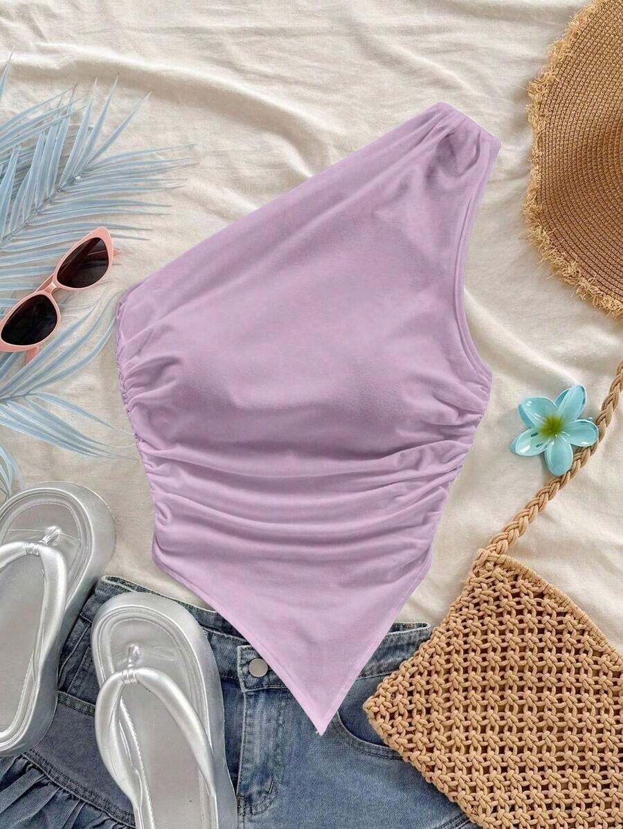 Blusa asimétrica de hombro con bajo asimétrico en color rojo rosa, ideal para vacaciones de verano - Multicolor 4 - Ver 1