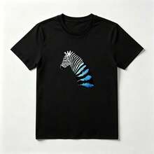 Playera Estampado Cebra con Plumas Azules - Algodón Puro Mujer Verano - Negro - Ver 1