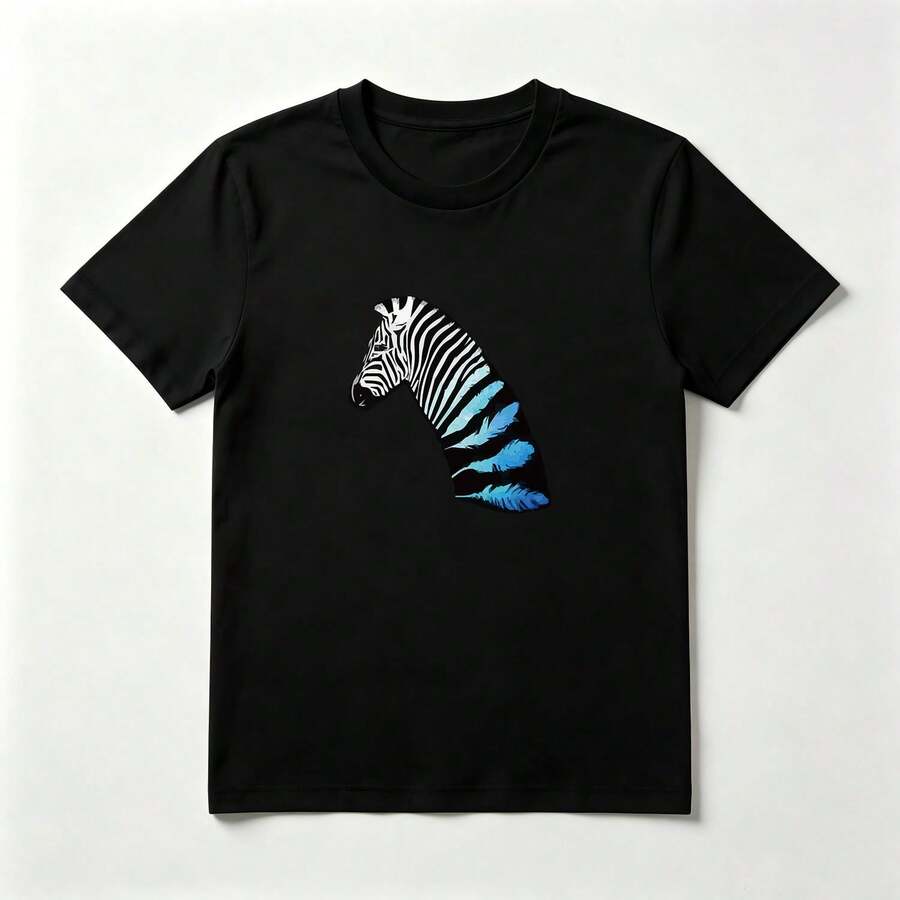 Playera Estampado Cebra con Plumas Azules - Algodón Puro Mujer Verano - Negro - Ver 1