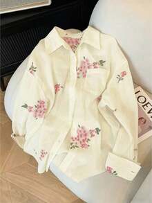Camisa de mujer de manga larga con botones, de estilo casual y romántico, con bordado floral - Blanco 2 - Ver 6