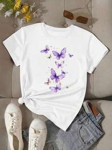 Women's Casual White T-Shirt With Butterfly Print, Short Sleeve, Round Neck, Polyester Top For Spring Outfits, Slightly Stretchy Fabric, Women's Blouses, Women's T-Shirts, Casual Blouses For Ladies - 白色的 - 查看 2