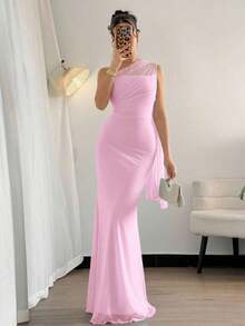 Vestido largo ajustado con cuello asimétrico elegante y romántico, adecuado para fiestas, playa, vuelta al colegio, citas románticas, temporada de bodas, cumpleaños, Pascua, primavera/verano - Rosa 2 - Ver 1