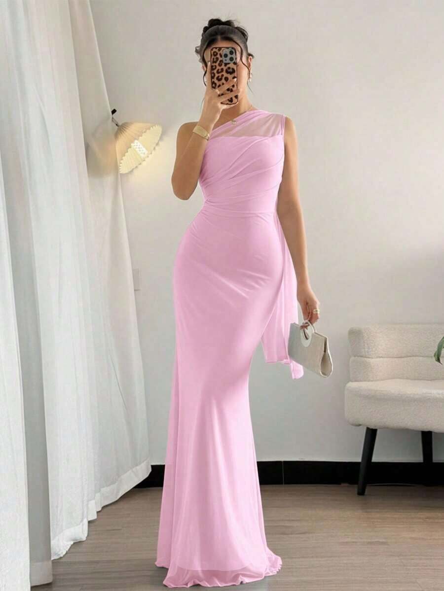 Vestido largo ajustado con cuello asimétrico elegante y romántico, adecuado para fiestas, playa, vuelta al colegio, citas románticas, temporada de bodas, cumpleaños, Pascua, primavera/verano - Rosa 2 - Ver 1