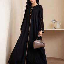 Women's Casual Arabic Style Long Sleeve Round Neck Button Design Dress - Multicolor - Ver 1
