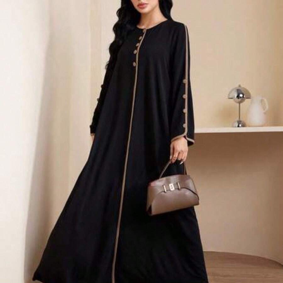 Women's Casual Arabic Style Long Sleeve Round Neck Button Design Dress - Multicolor - Ver 1