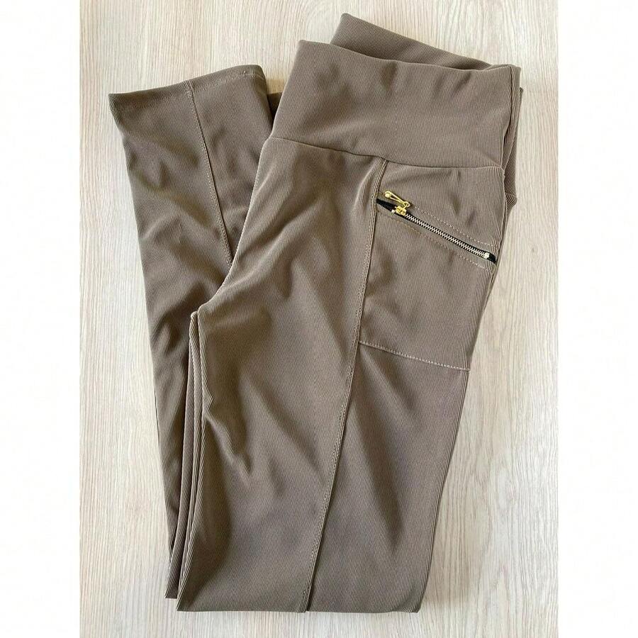 Women's Riding Pants With Grosgrain Fabric, Zipper On Front Pocket, High Waist - Beige - View 1