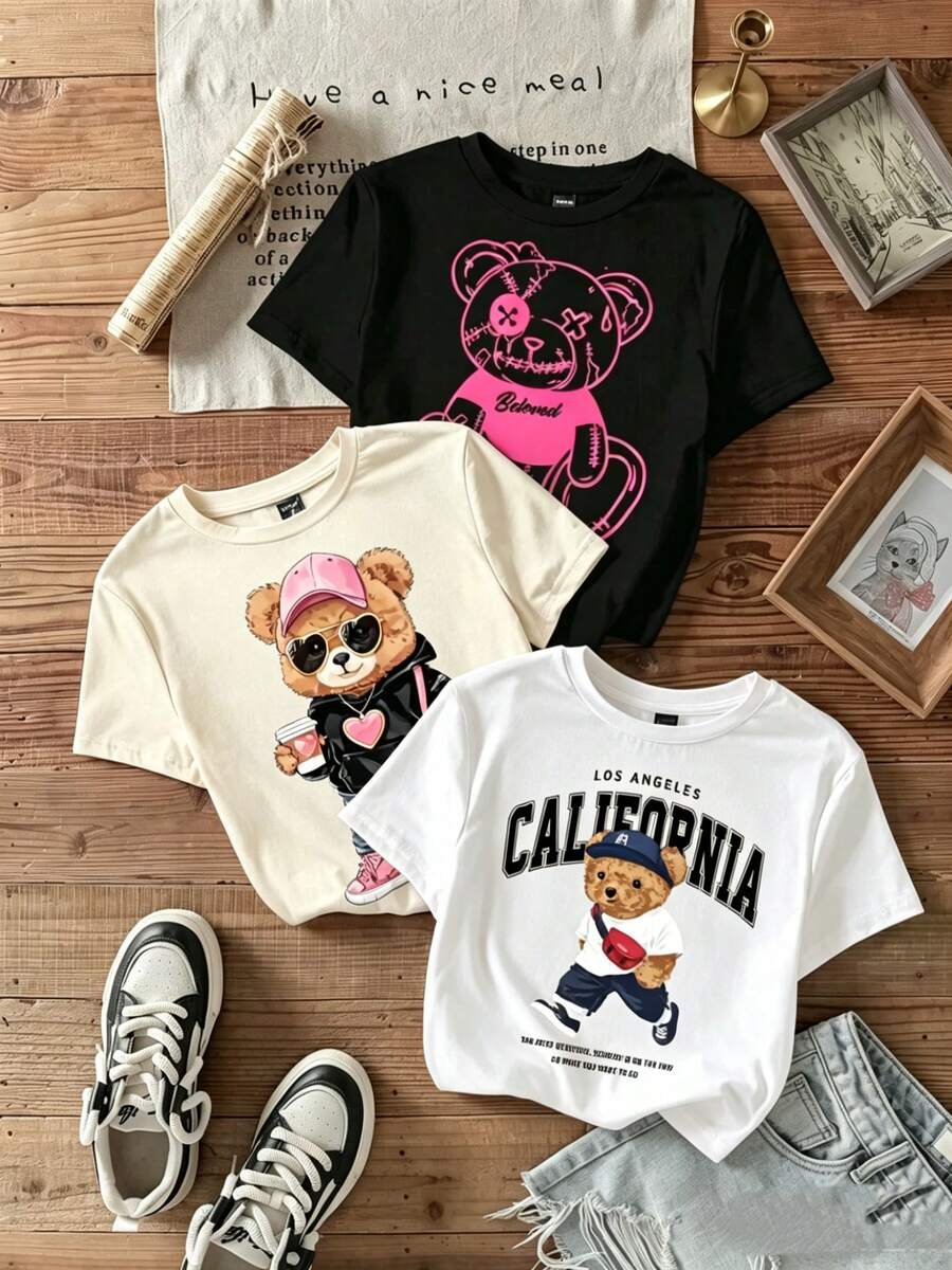 Set Prenda individual, no un conjunto de 3 piezas, 1 piezas/set de camisetas de manga suitable for streetwear, Top oversized cuello redondo daily outings, camping, concerts, hip-hop, rock, and rap events Manga Corta Cuello Redondo Estampado California Los Angeles Brooklyn New York Mujer - Negro - Ver 1