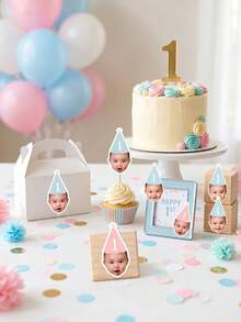 24/48/96pcs Customized Baby Face 1st Birthday Stickers, Personalized Photo And Text Party Hat Stickers, Suitable For Small Gifts, Cups, Candy Bags Custom Stickers - Multicolor - View 2